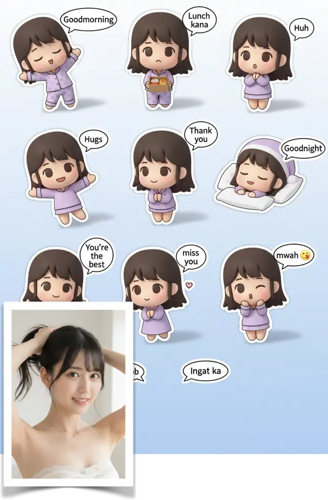 Modèle planche de stickers transformant un portrait en neuf versions chibi